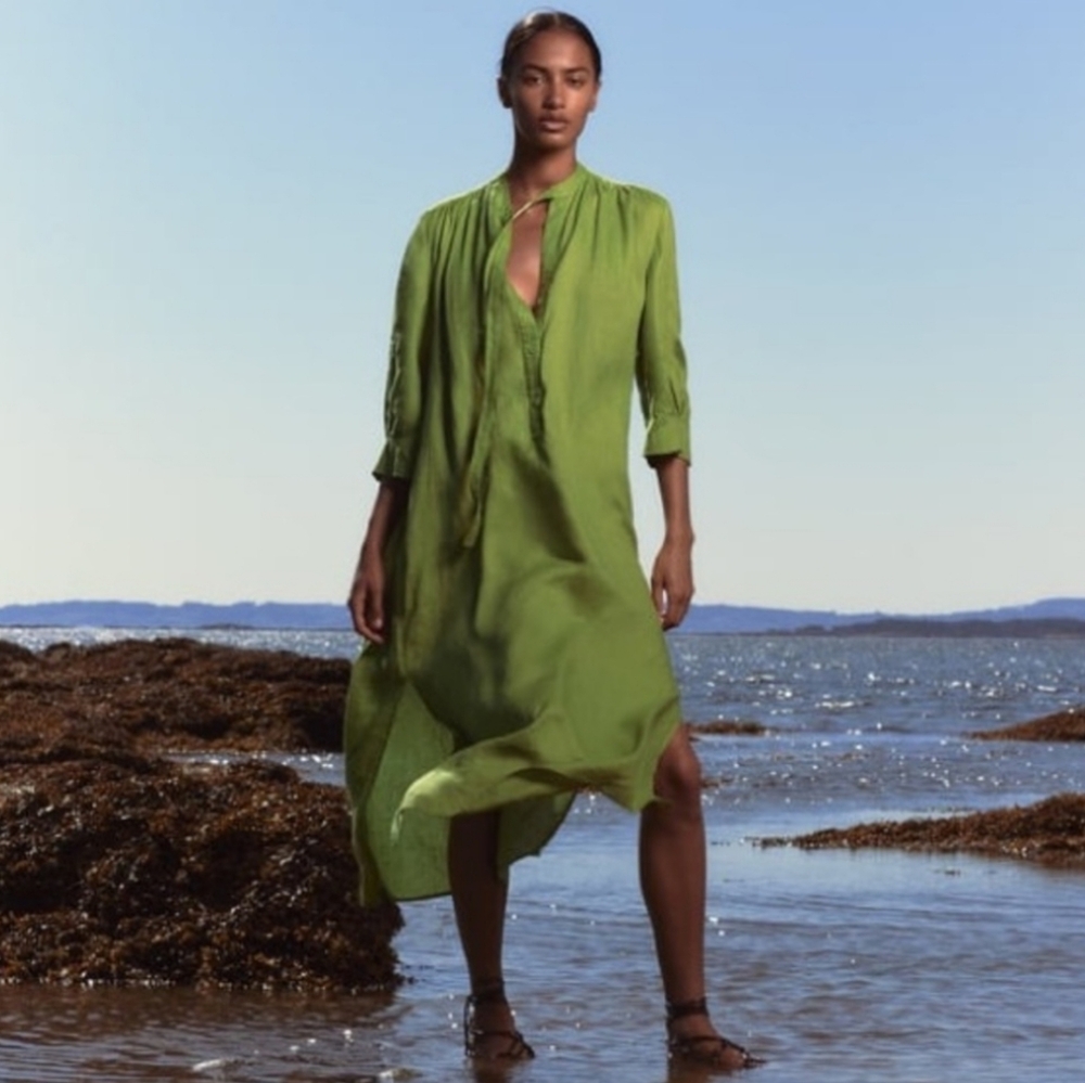 Zara Tie Neck (Linen Look) Green Midi Dress Size Small (Very Oversized)